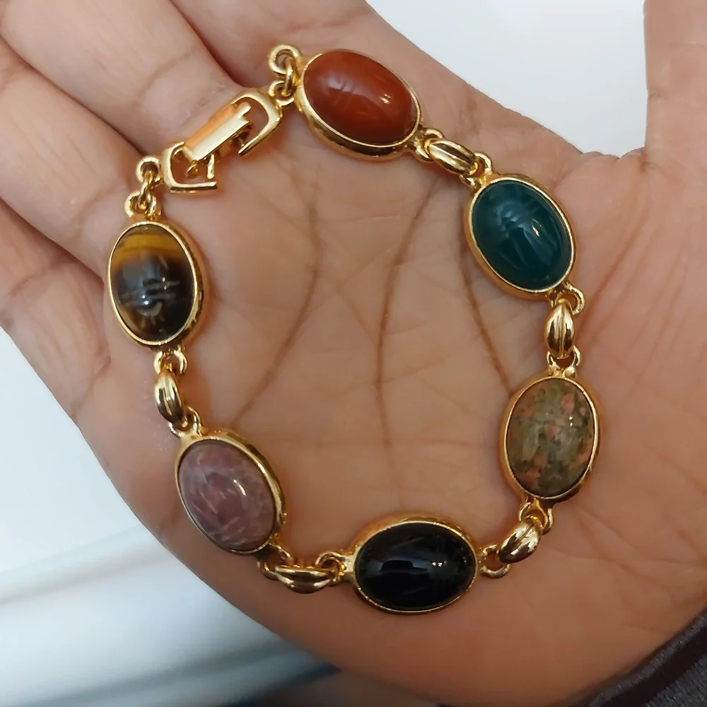 Multi Stones Scarab Bracelet Gold Tone Links Semiprecious Gems - Picture 1 of 9